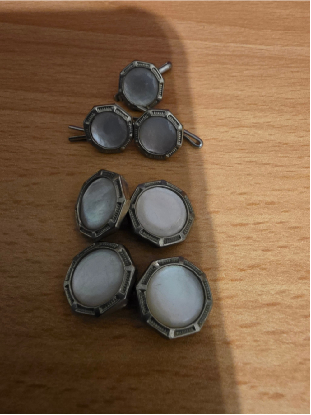 Vintage Octagon Mother of Pearl Cufflinks & 3 Cotter Pin Dress Buttons Art Deco